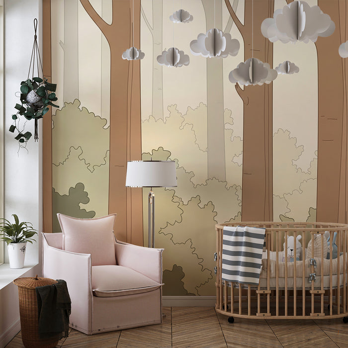 Papier peint chambre enfant | Forêt douce avec arbres et feuillage apaisant
