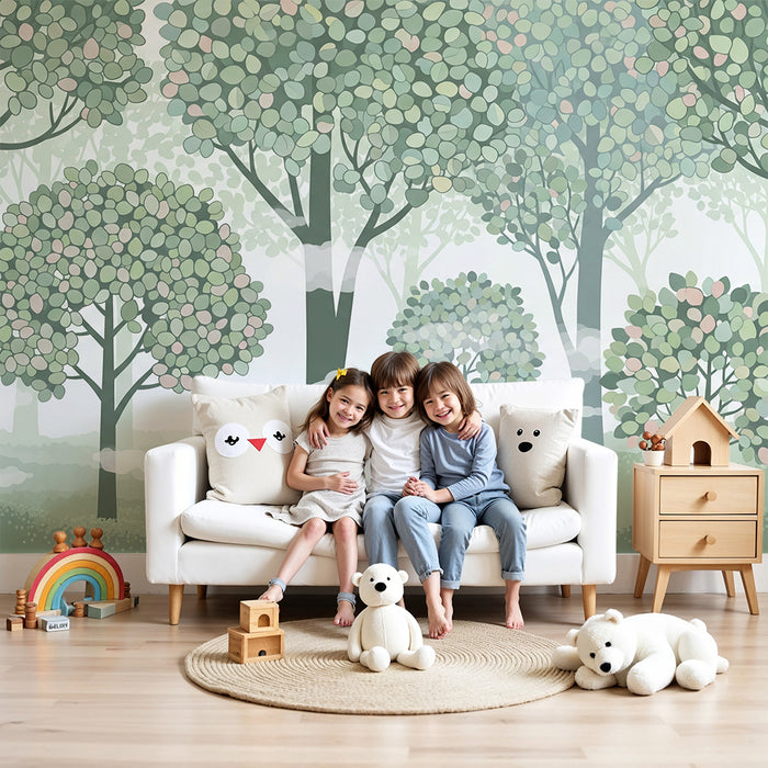 Carta da parati bambini | Dolce foresta con alberi pastello e leggera nebbia
