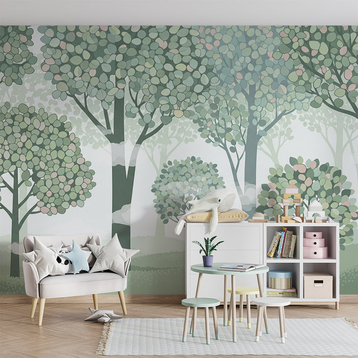 Carta da parati bambini | Dolce foresta con alberi pastello e leggera nebbia