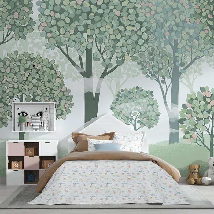 Carta da parati bambini | Dolce foresta con alberi pastello e leggera nebbia