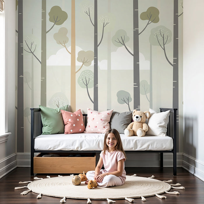 Papier peint chambre enfant | Forêt douce avec arbres stylisés et nuages