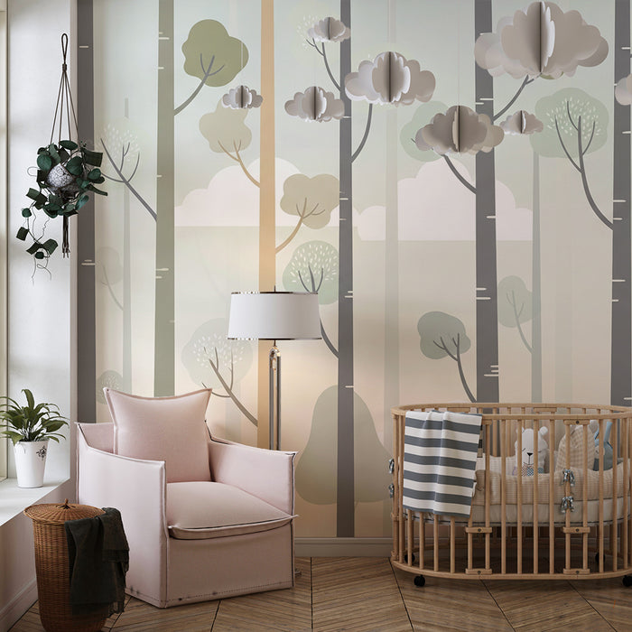 Papier peint chambre enfant | Forêt douce avec arbres stylisés et nuages