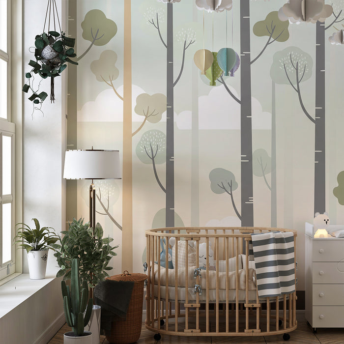 Papier peint chambre enfant | Forêt douce avec arbres stylisés et nuages