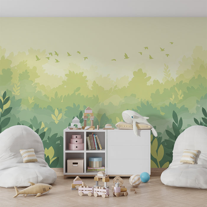 Papel de parede criança | Floresta suave com folhagem calmante e pássaros voando