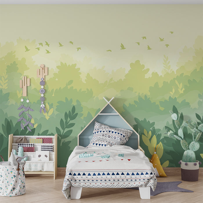 Papel de parede criança | Floresta suave com folhagem calmante e pássaros voando