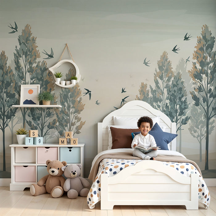 **Papier peint chambre enfant | Forêt douce avec oiseaux en vol**

**Dječja tapeta | Blaga šuma s pticama u letu**