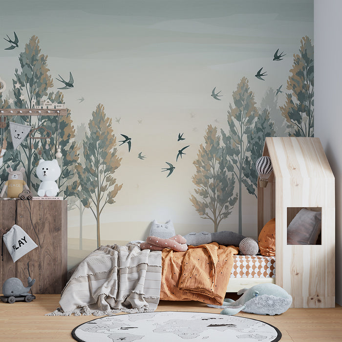 **Papier peint chambre enfant | Forêt douce avec oiseaux en vol**

**Dječja tapeta | Blaga šuma s pticama u letu**