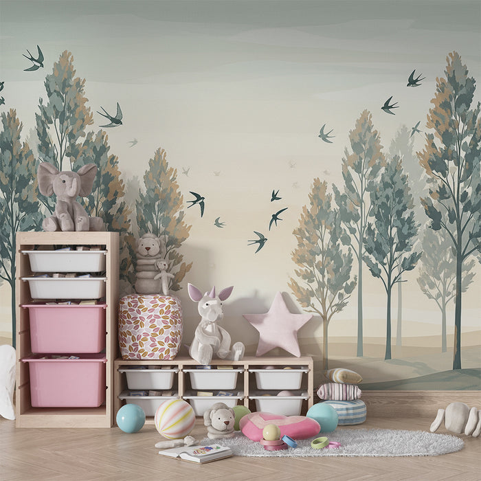 **Papier peint chambre enfant | Forêt douce avec oiseaux en vol**

**Dječja tapeta | Blaga šuma s pticama u letu**
