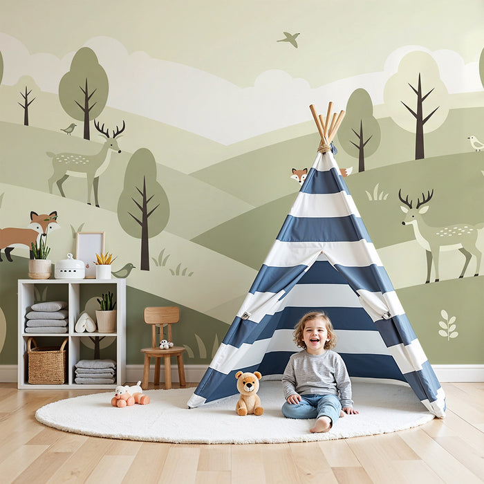 Papier peint chambre enfant | Forêt douce avec renards et cerfs dans des tons pastel