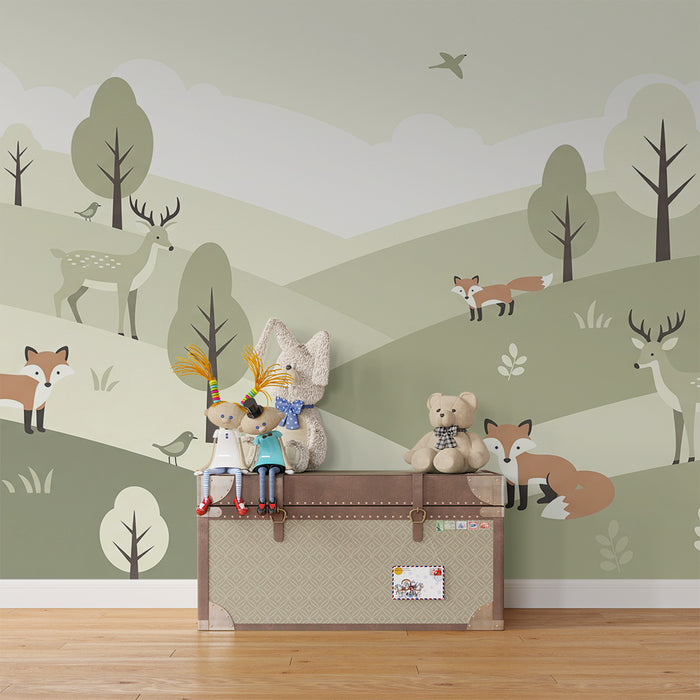 Papier peint chambre enfant | Forêt douce avec renards et cerfs dans des tons pastel