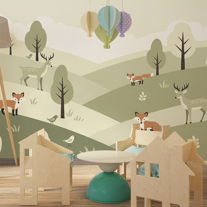 Papier peint chambre enfant | Forêt douce avec renards et cerfs dans des tons pastel
