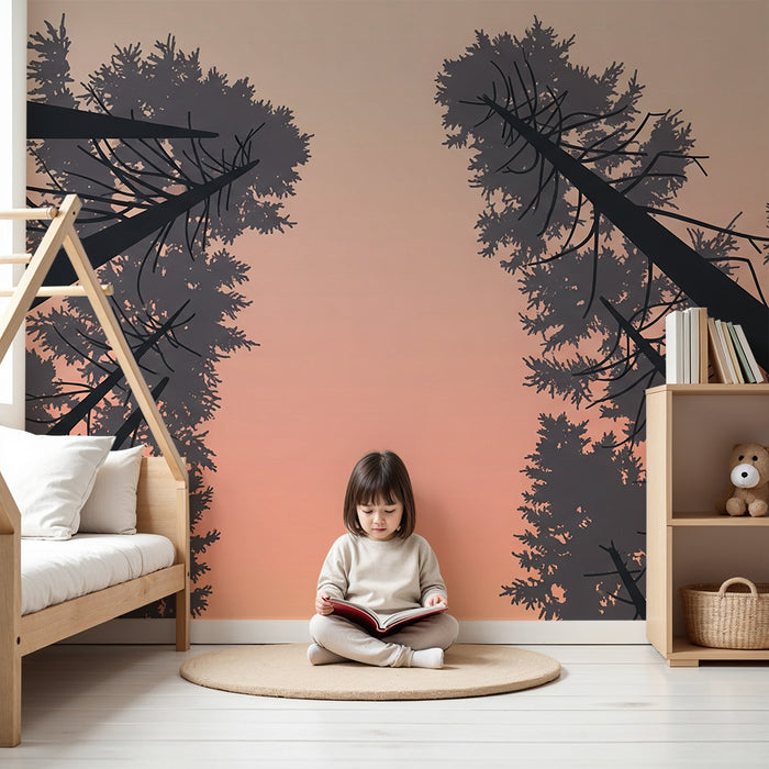 Carta da parati bambini | Foresta incantata al tramonto con silhouette degli alberi