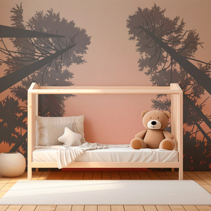 Carta da parati bambini | Foresta incantata al tramonto con silhouette degli alberi