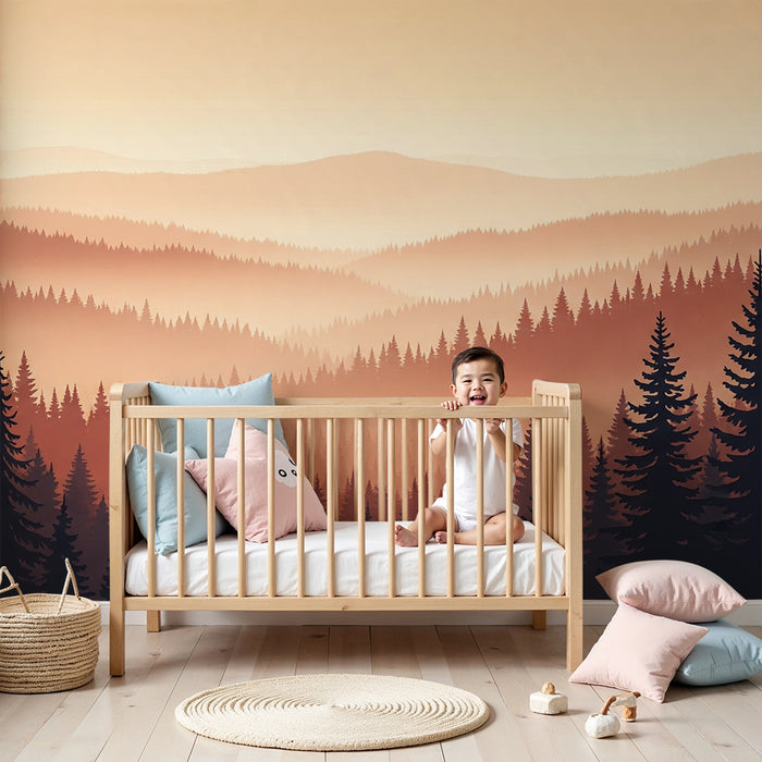 Carta da parati bambini | Bosco incantato al tramonto