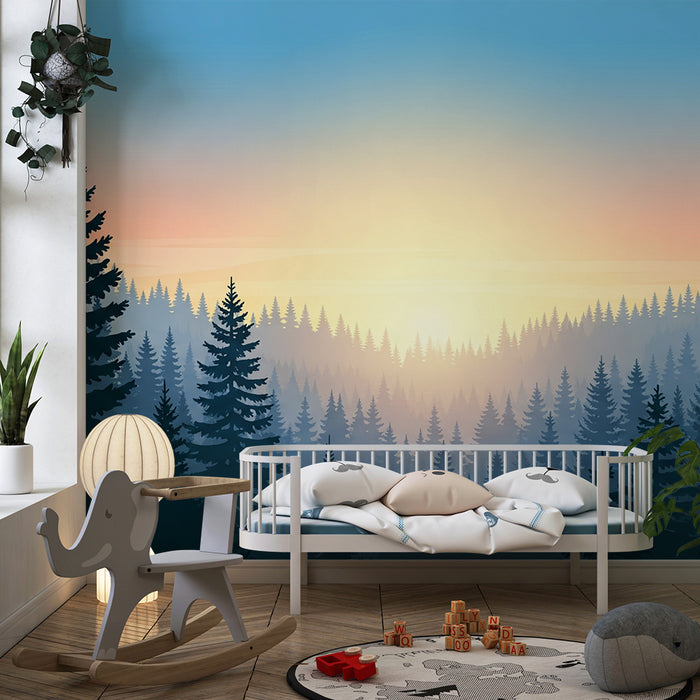 Kids room wallpaper | Forest enchanted at sunrise