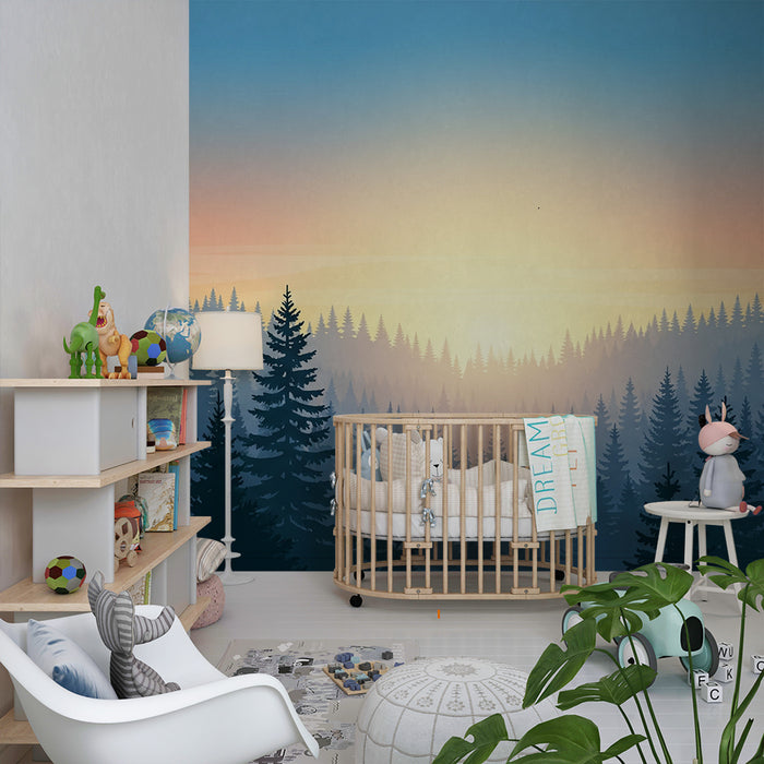 Kids room wallpaper | Forest enchanted at sunrise