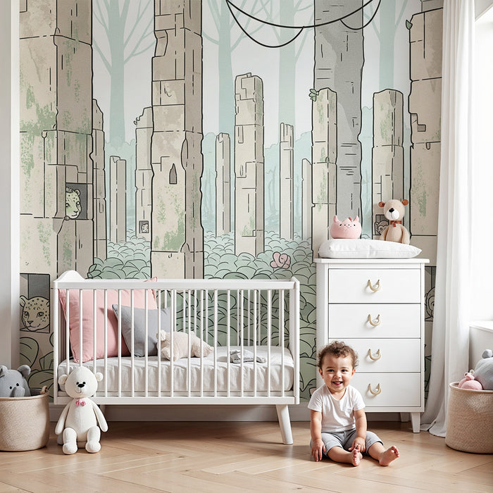Kids room wallpaper | Enchanted forest with animals hidden in columns
