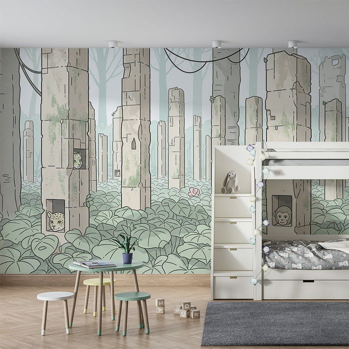 Kids room wallpaper | Enchanted forest with animals hidden in columns