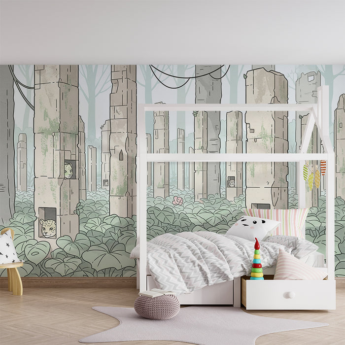 Kids room wallpaper | Enchanted forest with animals hidden in columns