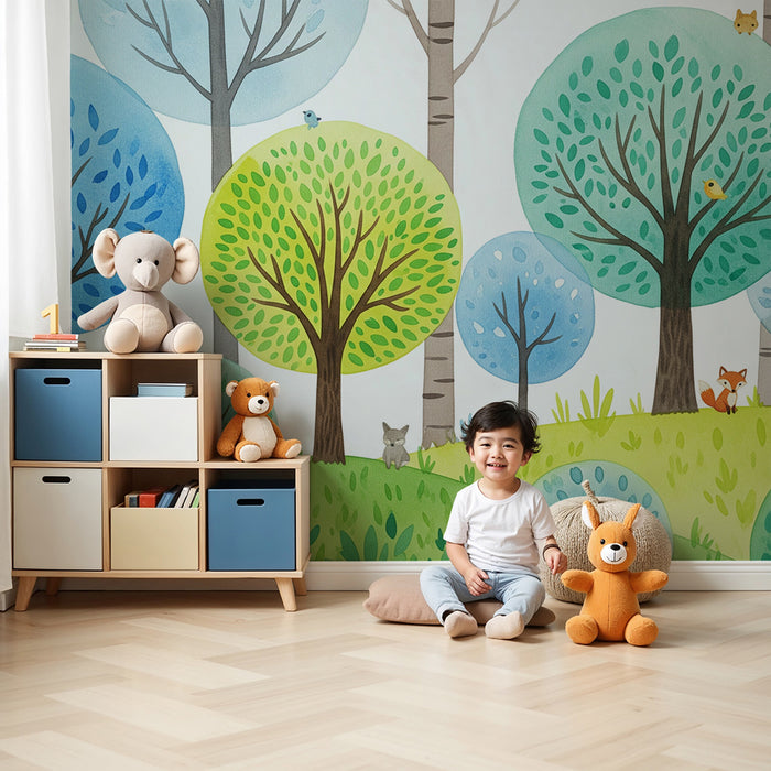 Papel pintado infantil | Bosque encantado con animales y árboles coloridos