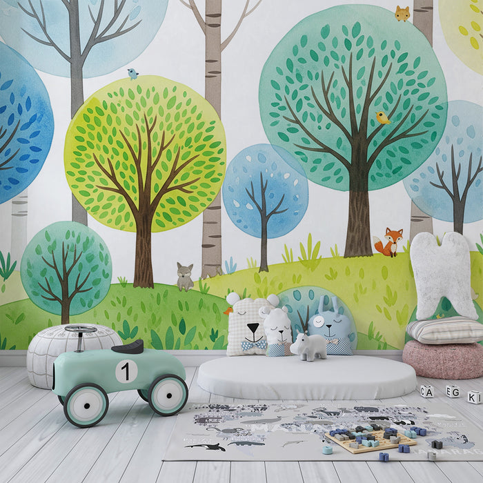 Papel pintado infantil | Bosque encantado con animales y árboles coloridos