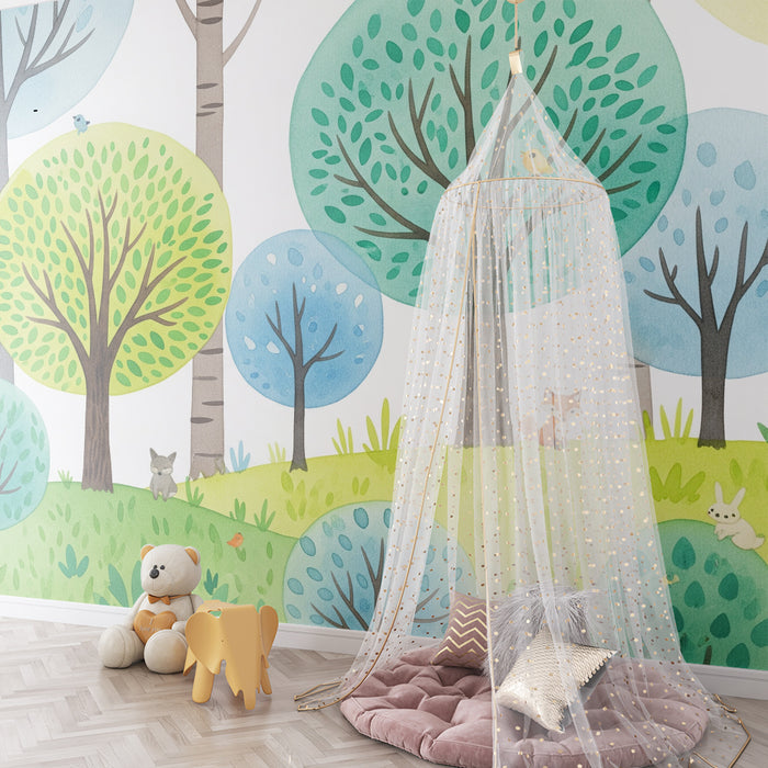 Papel pintado infantil | Bosque encantado con animales y árboles coloridos
