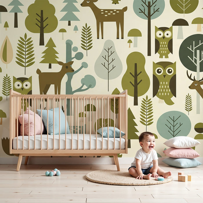 Papel de parede criança | Floresta encantada com animais e árvores estilizadas