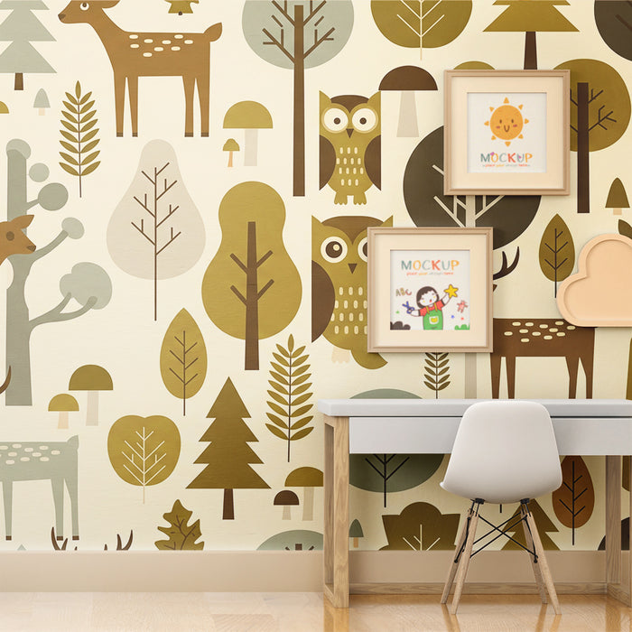 Papel de parede criança | Floresta encantada com animais e árvores estilizadas