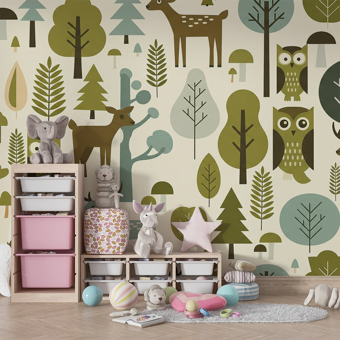 Papel de parede criança | Floresta encantada com animais e árvores estilizadas