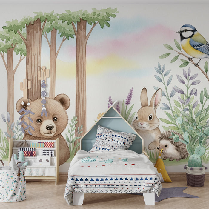Papier peint chambre enfant | Forêt enchantée avec animaux mignons
