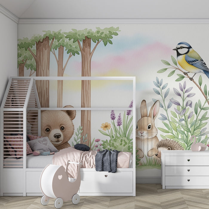 Papier peint chambre enfant | Forêt enchantée avec animaux mignons