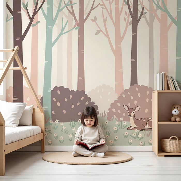 Papel pintado infantil | Bosque encantado con animales adorables
