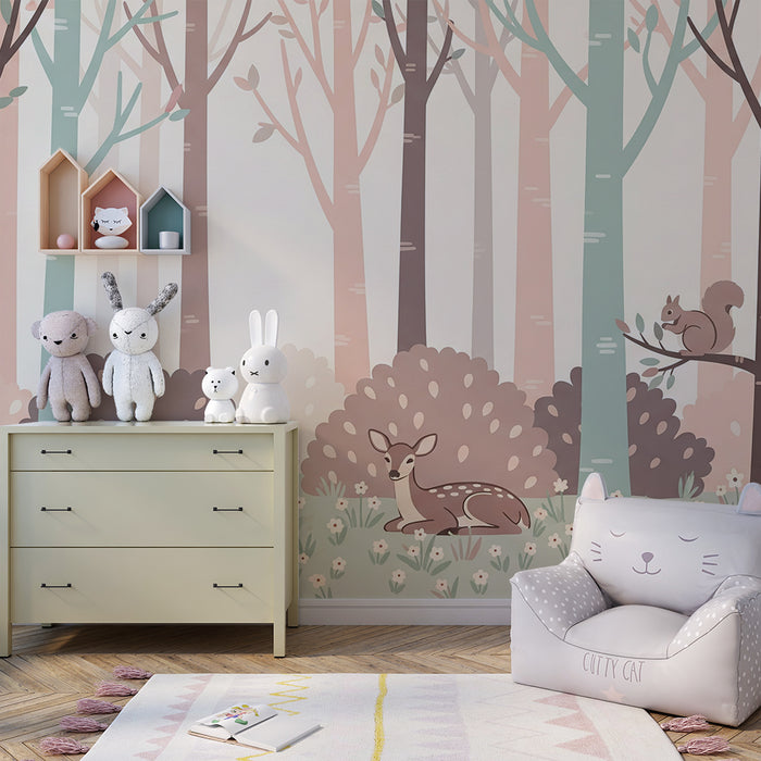 Papel pintado infantil | Bosque encantado con animales adorables