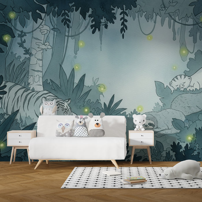 Kinderzimmer Tapete | Verzauberter Wald mit tropischen Tieren