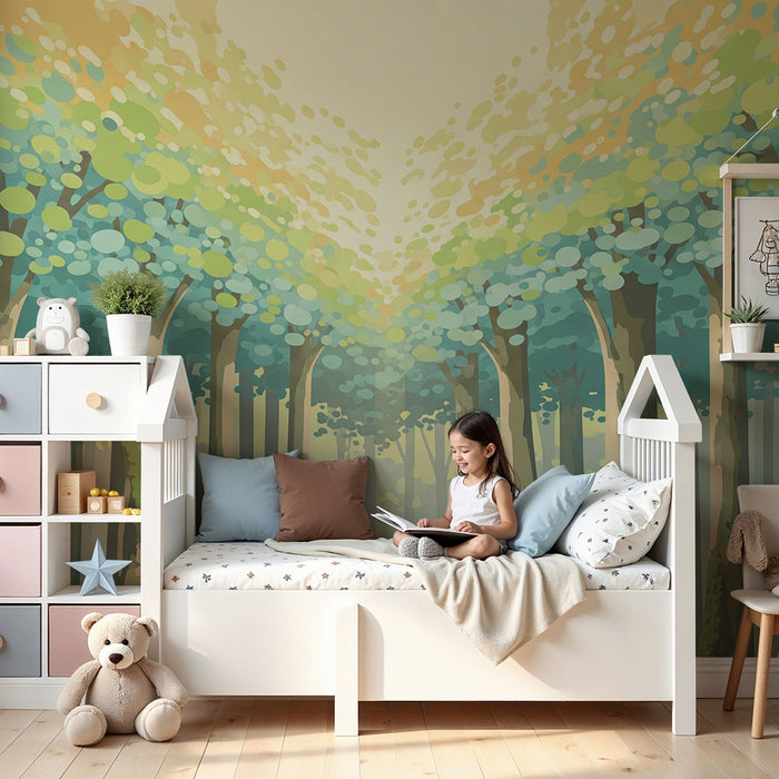 Papel de parede criança | Floresta encantada com árvores de folhagem suave