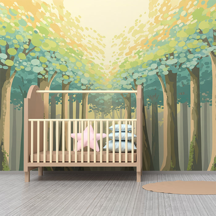 Papel de parede criança | Floresta encantada com árvores de folhagem suave