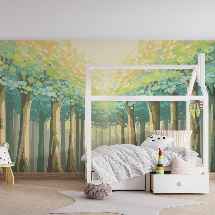 Papel de parede criança | Floresta encantada com árvores de folhagem suave