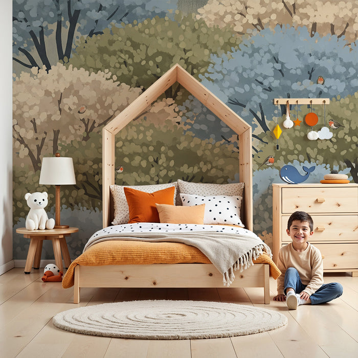 Papier peint chambre enfant | Forêt enchantée avec arbres colorés et oiseaux chantants