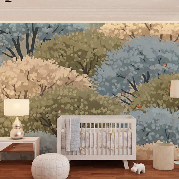 Papier peint chambre enfant | Forêt enchantée avec arbres colorés et oiseaux chantants