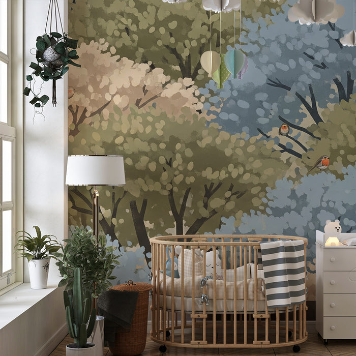 Papier peint chambre enfant | Forêt enchantée avec arbres colorés et oiseaux chantants