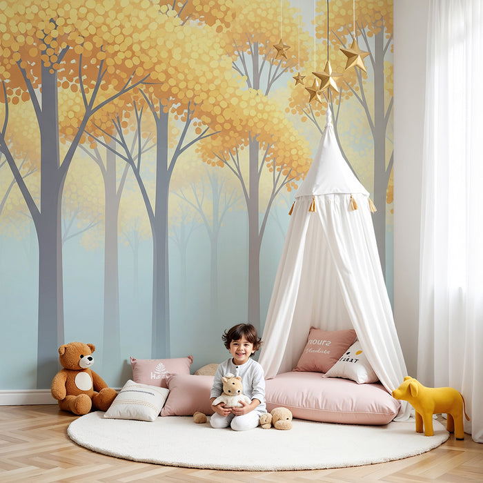 Papier peint chambre enfant | Forêt enchantée avec arbres dorés et brume légère