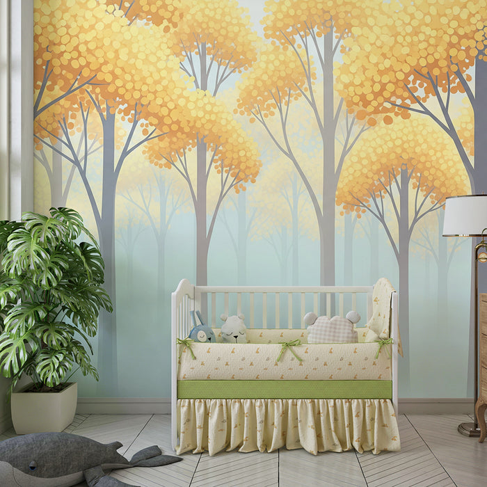 Papier peint chambre enfant | Forêt enchantée avec arbres dorés et brume légère