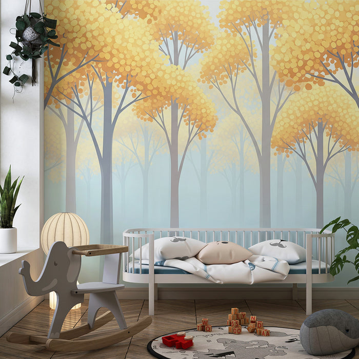 Papier peint chambre enfant | Forêt enchantée avec arbres dorés et brume légère