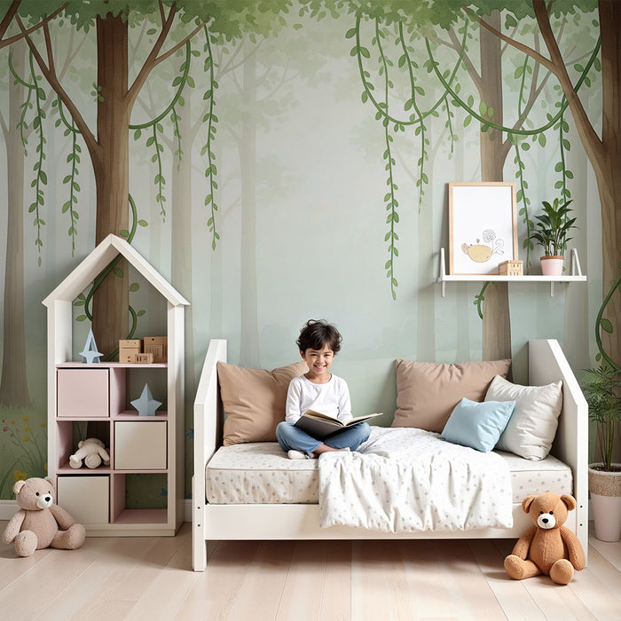 Papel pintado infantil | Bosque encantado con árboles y flores de colores