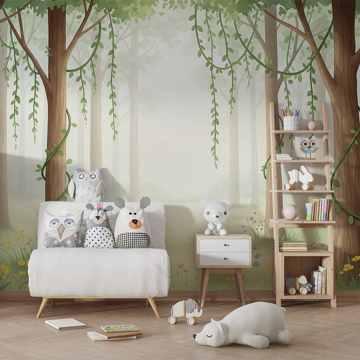 Papel pintado infantil | Bosque encantado con árboles y flores de colores