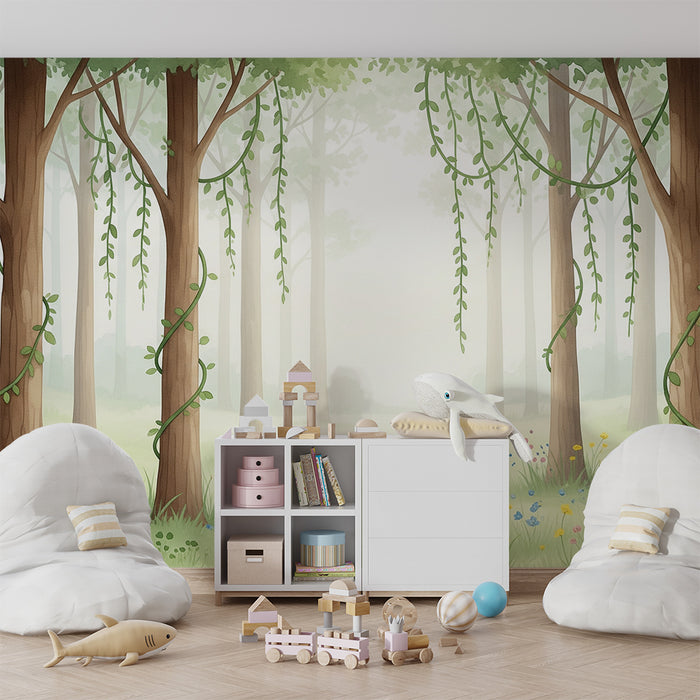 Papel pintado infantil | Bosque encantado con árboles y flores de colores