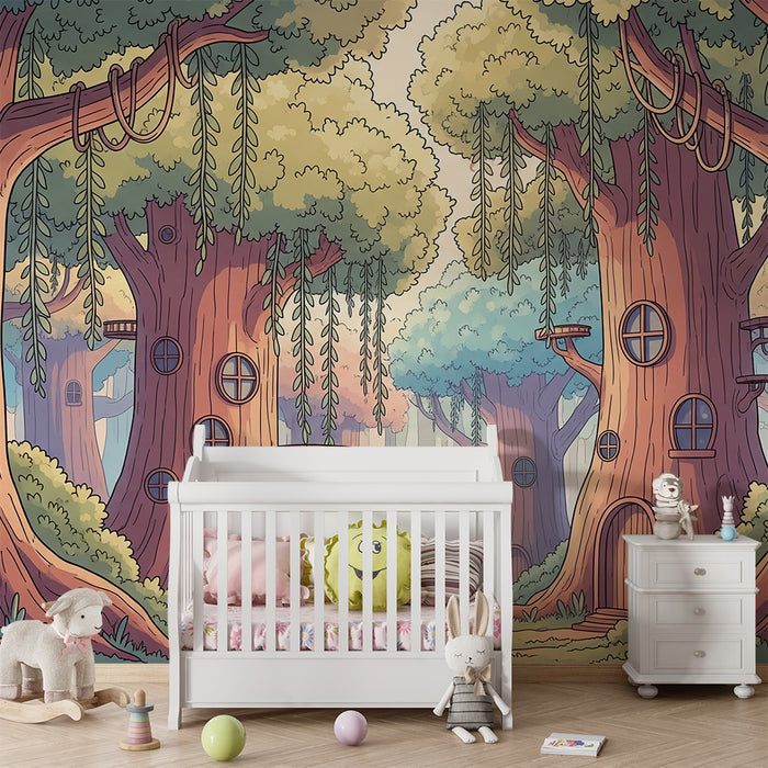 Papel de parede para quarto de criança | Floresta encantada com árvores e casas