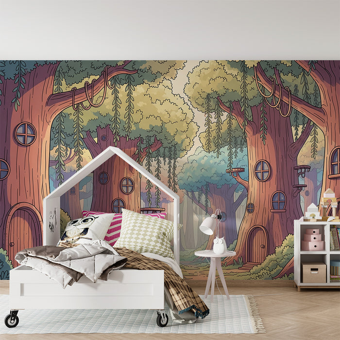 Papel de parede para quarto de criança | Floresta encantada com árvores e casas