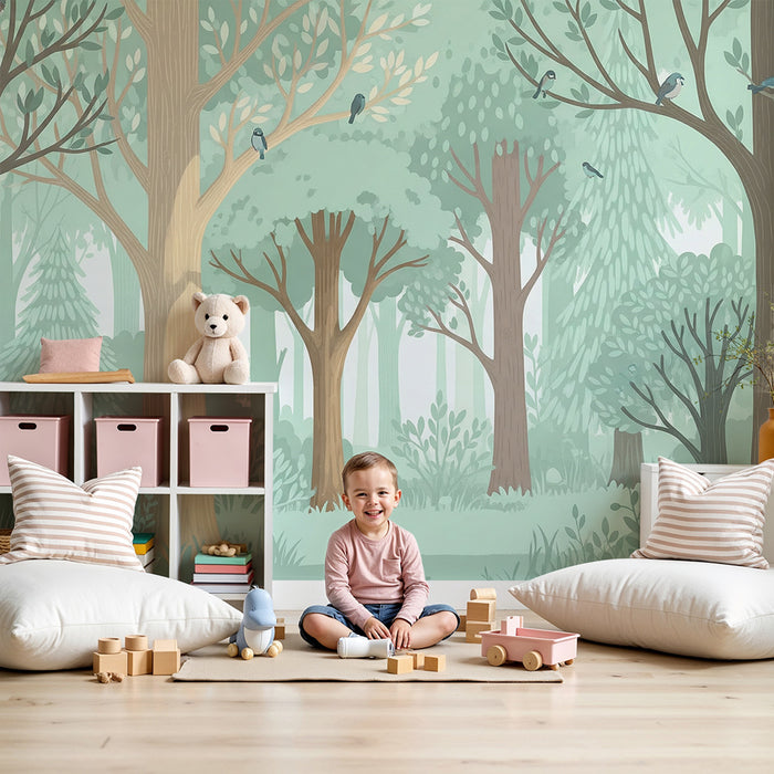 Papel pintado infantil | Bosque encantado con árboles y pájaros coloridos
