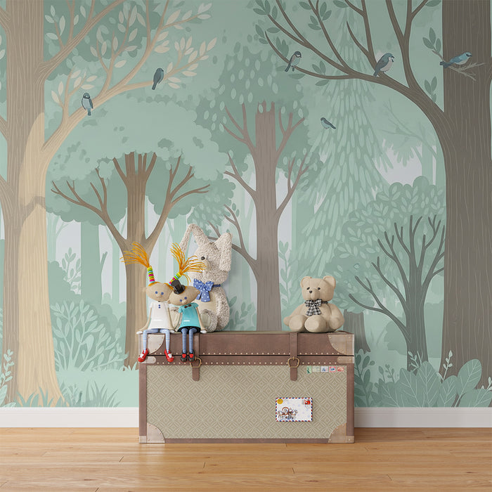 Papel pintado infantil | Bosque encantado con árboles y pájaros coloridos
